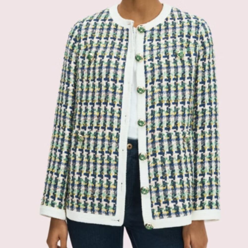 Kate Spade 8 Juniper Pop Tweed Topper Coat Jacket Green Plaid Button Long Sleeve
